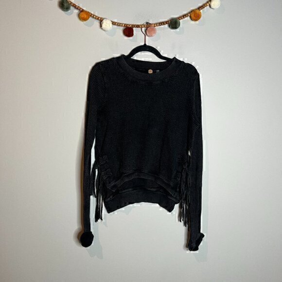 Free People FP One black waffle lace up long sleeve top - Picture 1 of 6